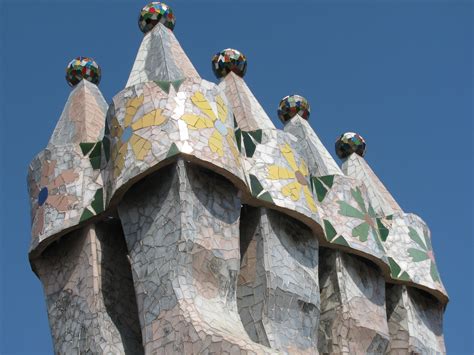 Mosaic tile art on chimneys of Casa Batllo, Barcelona Spain (Gaudi ...