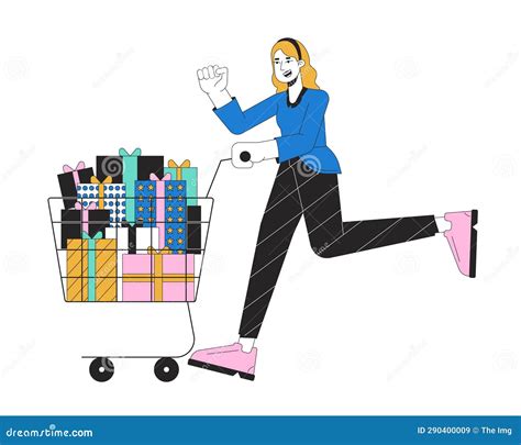 Excited Woman Pushing Shopping Cart D Linear Cartoon Character Stock