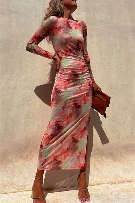 Chicest Long Sleeve Ruched Side Slit Tie Dye Maxi Dress Rosiedress