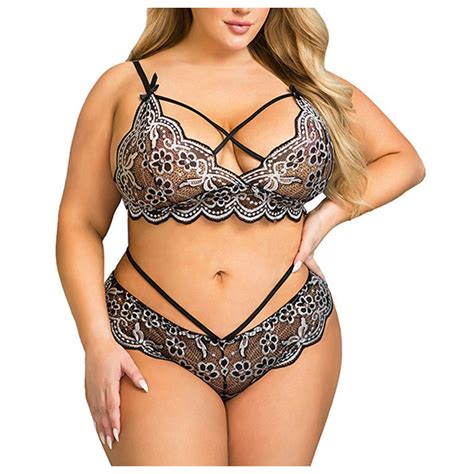 Ryrjj Plus Size Bodysuit Lingerie Set For Women V Neck Bra And Panty Set Sexy Criss Cross Lace