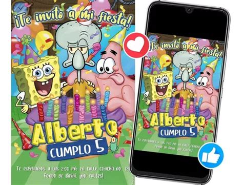 Invitación Cumpleaños Bob Esponja Calamardo Y Patricio Meses sin