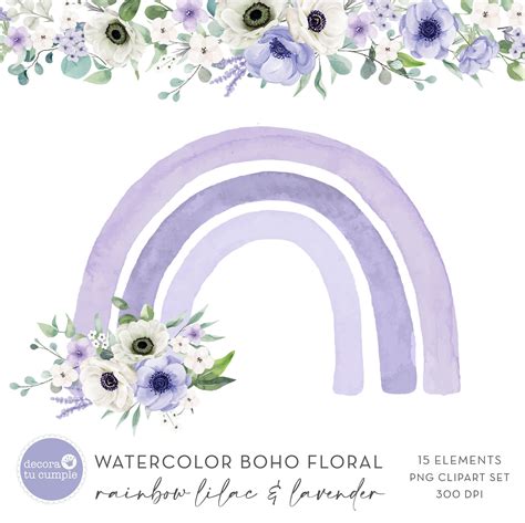 Purple Boho Rainbow Floral Watercolor Lilac And Lavender Etsy