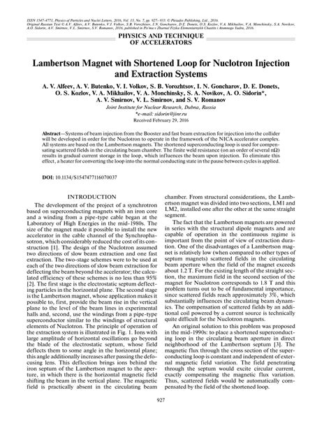 PDF Lambertson Magnet With Shortened Loop For Nuclotron Injection And