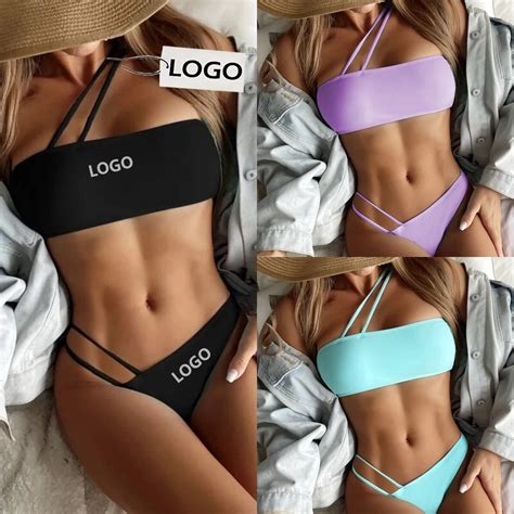 Custom Logo Sexy String Bikini Set Macaroon Colour Thong Swimwear Solid