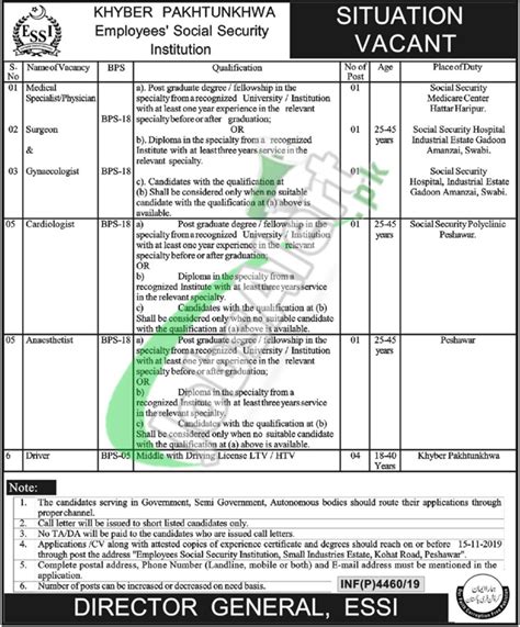 Kpk Essi Jobs 2019 Khyber Pakhtunkhwa Employees Social Security Institution