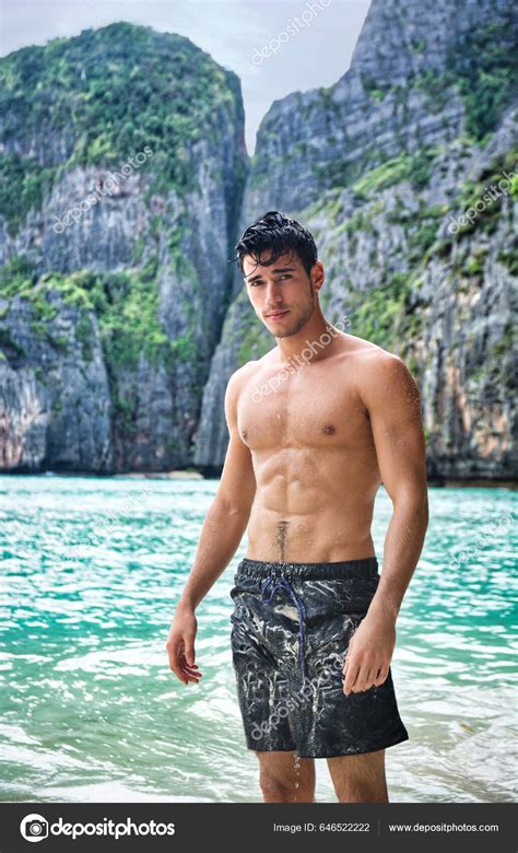 Attractive Young Man Standing Beach Phuket Island Thailand Shirtless