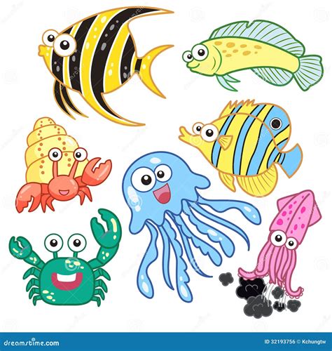 Animais De Mar Dos Desenhos Animados Ajustados Fundo Branco