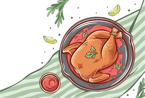 Roasted Chicken Dish Illustration Chicken Meat Hand Drawn Vector