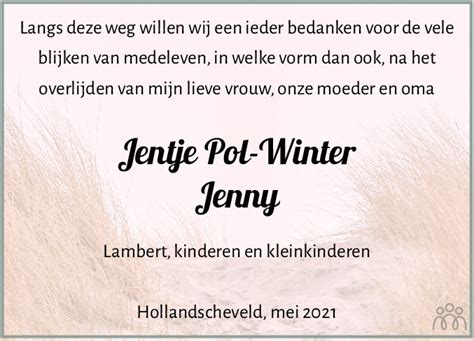 Jenny Jentje Pol Winter Overlijdensbericht En Condoleances