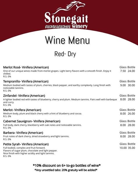 Wine List — Stonegait Winery