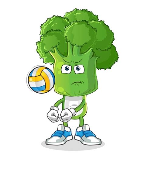 Dibujos animados de cabeza de brócoli jugar mascota de voleibol vector