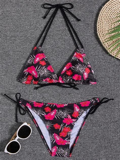 Shein Strój Kąpielowy Bikini Komplet Wiązanie Tropical Print Qzp NF9 S