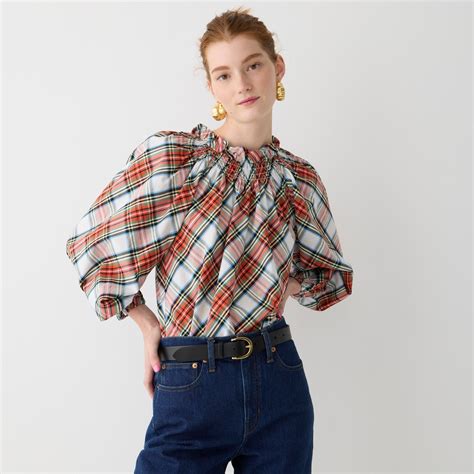 J Crew Smocked Neck Cotton Poplin Top In Snowy Stewart Tartan For Women