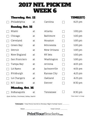 Nfl Week 6 Pick Em Pdf - Fill and Sign Printable Template Online