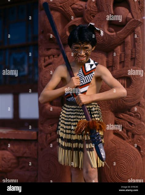 North Island New Zealand Maori Boy In Traditional Costume Piupiu Skirt