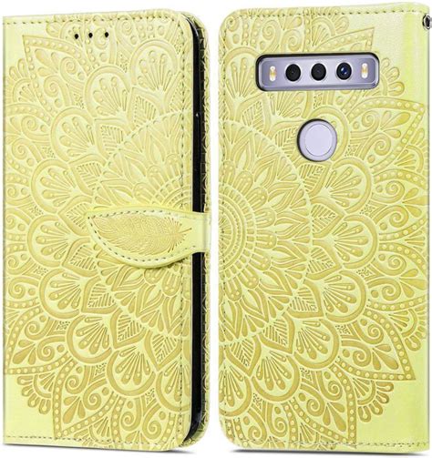 Étui Portefeuille en Cuir PU Mandala Fleur Relief pour TCL 10 SE Jaune