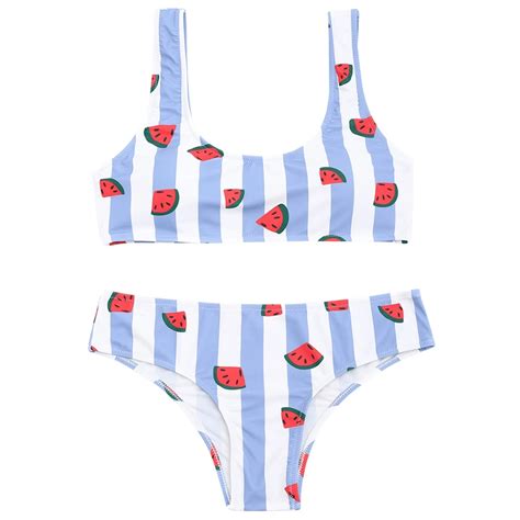 Women Striped Watermelon Print Bikini Set Wire Free Padded Swimsuit