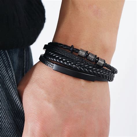 Moda punk preto pulseira de couro para homens charme trançado rock