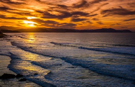 Flysch Rocks In Barrika Beach At The Sunset Basque Country Stock Photo