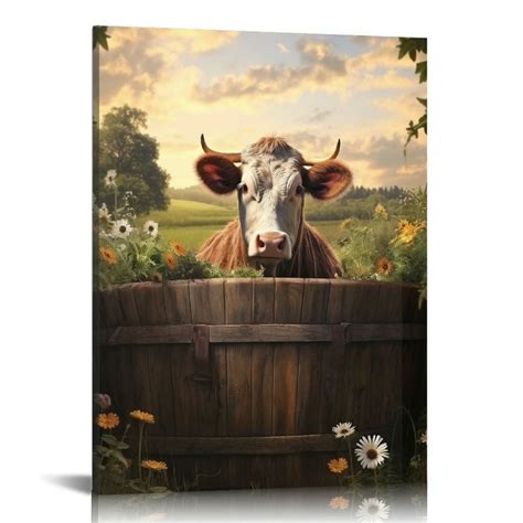 Eastsmooth Farm Cow Wall Art Funny Farmhouse Cattle With Sunflower In Tub On Rustic Planks