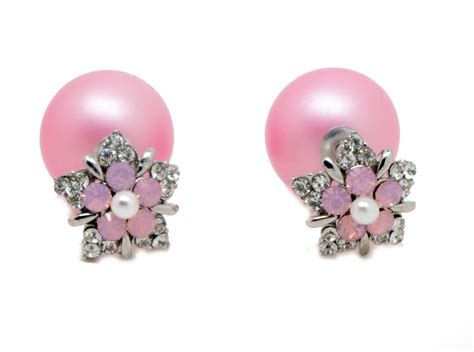 Double Sided Earrings Pale Pink White Rhinestone Flower And Pink Ball