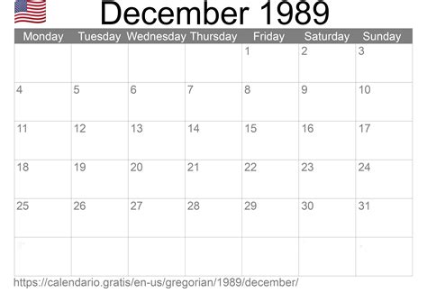 Calendar December 1989 from United States of America in English ...