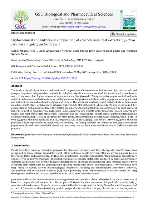 Pdf Phytochemical And Nutritional Composition Of Ethanol Water Leaf