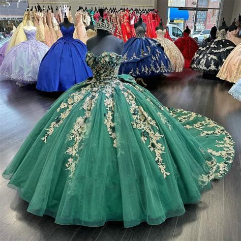 EMERALD GREEN QUINCEANERA Dresses Ball Gown 3D Flowers Gold Appliques