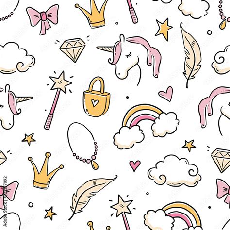 Hand Drawn Princess Doodle Seamless Pattern Beauty Pattern With Cute