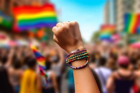 Mano Haciendo Se Al De Poder De Pu O Con Banderas Lgbtq Y Desfile Gay Borrosa En El Fondo Mano