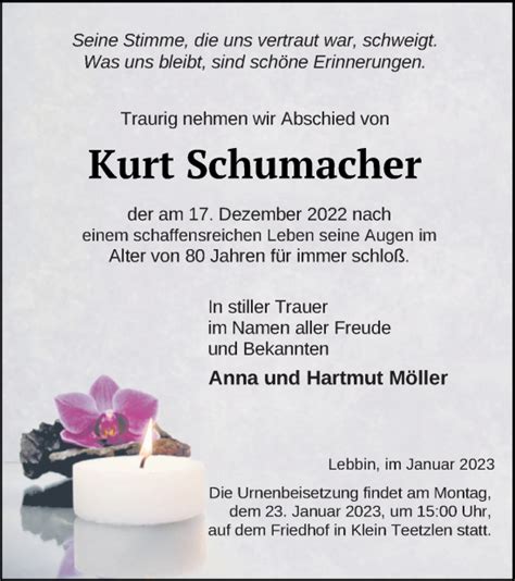 Traueranzeigen Von Kurt Schumacher Trauer Nordkurier