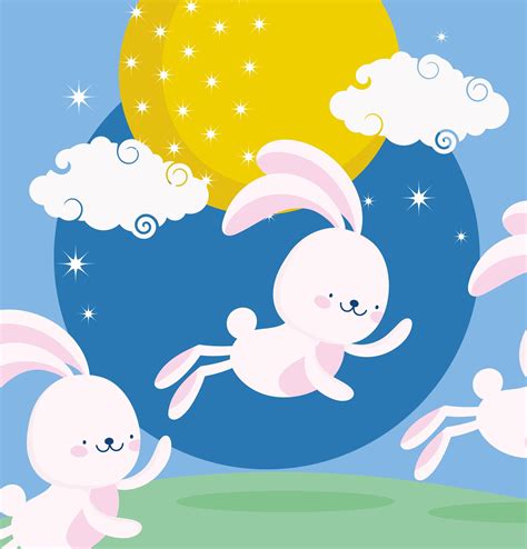 Happy Mid Autumn Festival Jumping Rabbits Full Moon Clouds Sky Cartoon