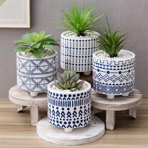 5 Inch Round Mediterranean Style Blue And White Ceramic Footed Planter