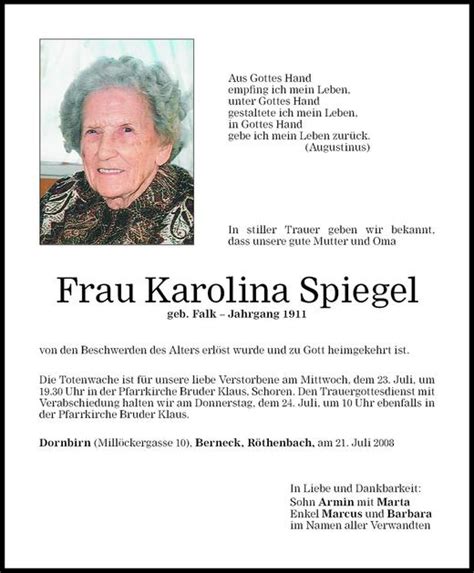 Todesanzeigen Von Karolina Spiegel Todesanzeigen Vorarlberger Nachrichten