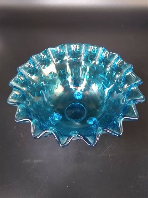 Vintage Le Smith Blue Glass Hobnail Ruffled Footed Bowl Candy Dish Ebay