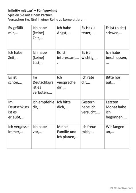 F Nf Gewinnt Infinitiv Mit Zu Deutsch Daf Arbeitsbl Tter Pdf Doc