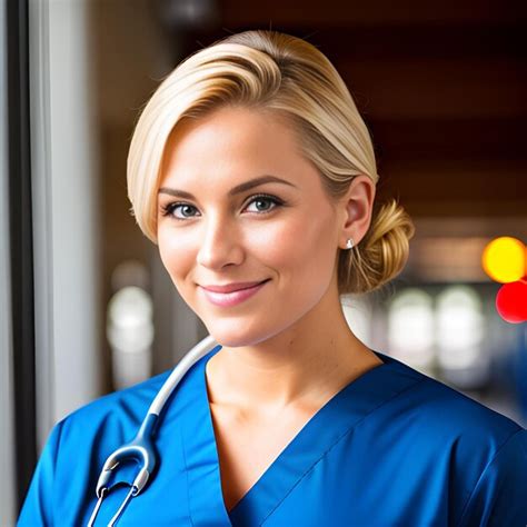 Uma Mulher De Uniforme Azul E Um Estetosc Pio Est Parada Na Frente De