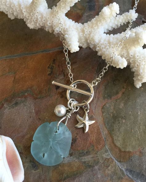 Beach Glass Necklace In Sterling Silver Sea Glass Sand Dollar Lariat