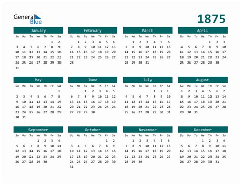 Free 1875 Calendars in PDF, Word, Excel