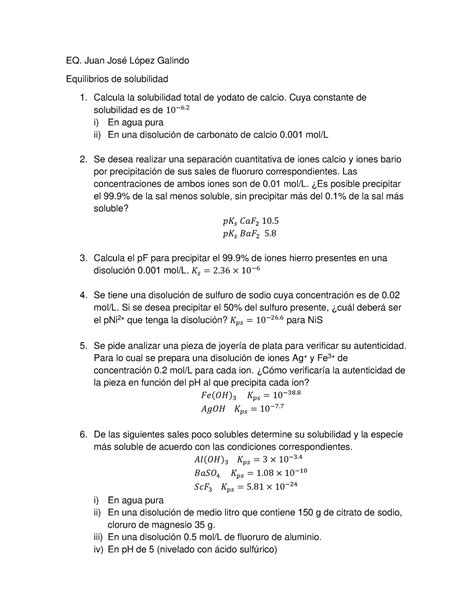 Equilibrios De Solubilidad Ejercicios Eq Juan José López Galindo