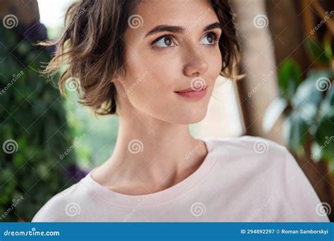 Portrait Cropped Young Woman Wear Pink T Shirt Looking Interested