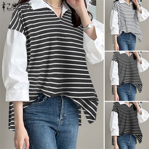 Rulfepy Zanzea Korean Style Women Versatile Stripe Patchwork Lapel Tops