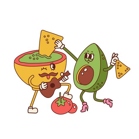 Couple of Guacamole and Avocado characters eating Nachos. Nacho dip in bowl mascot playing the ...