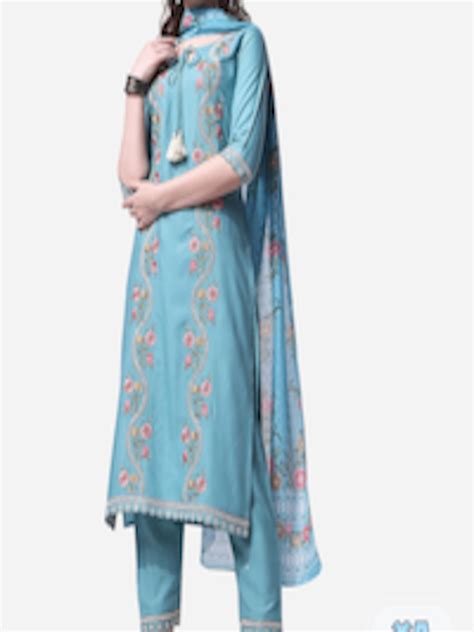 Buy KALINI Floral Embroidered Tie Up Neck Straight Kurta With Trousers