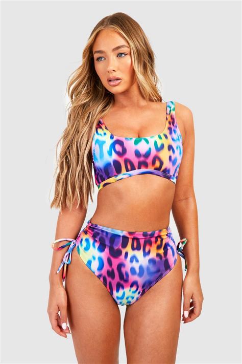 Leopard Longline Scoop Bikini Top Boohoo Uk