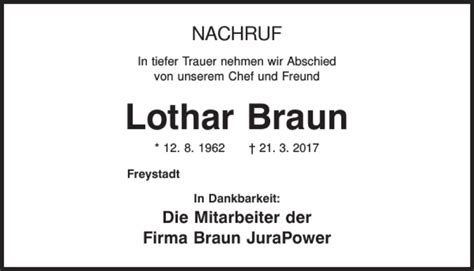 Traueranzeigen Von Lothar Braun Mittelbayerische Trauer