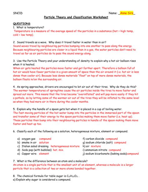 Particle Theory Worksheet Grade 7