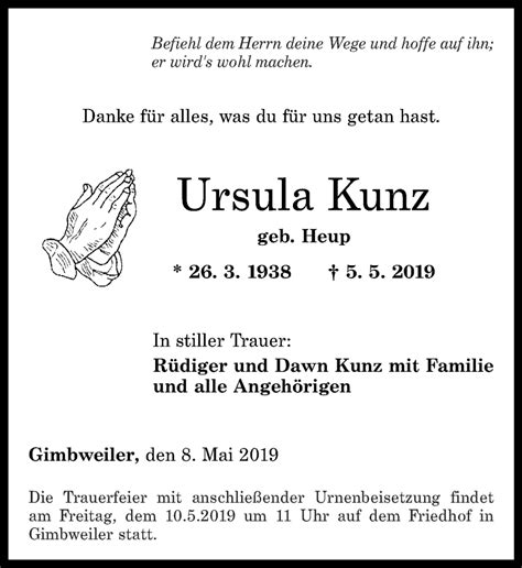 Traueranzeigen Von Ursula Kunz Rz Trauer De