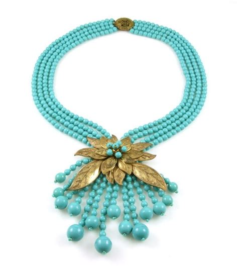 Early Miriam Haskell Book Piece Aqua Glass Necklace With Gilt Leaves Frank Hess Glass Necklace