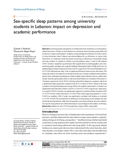 Pdf Sex Specific Sleep Patterns Among University Students In Lebanon